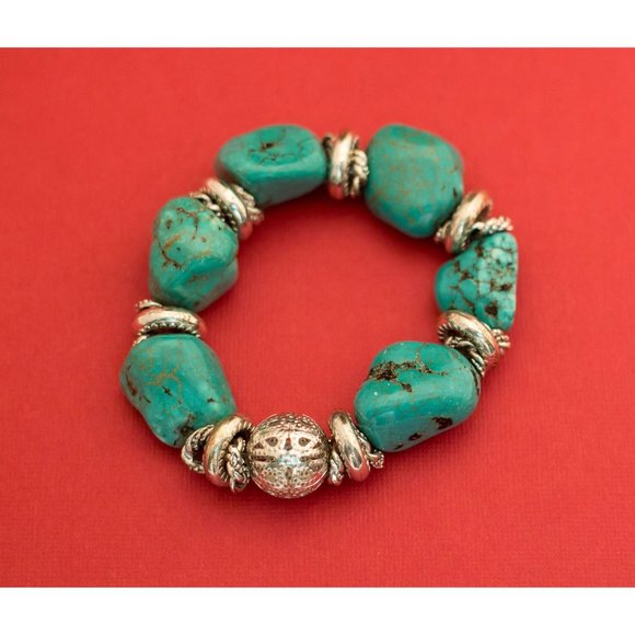Flexible Bohemian Style-Natural Turquoise Beaded Fortune Bracelet-F8 - Picture 1 of 3